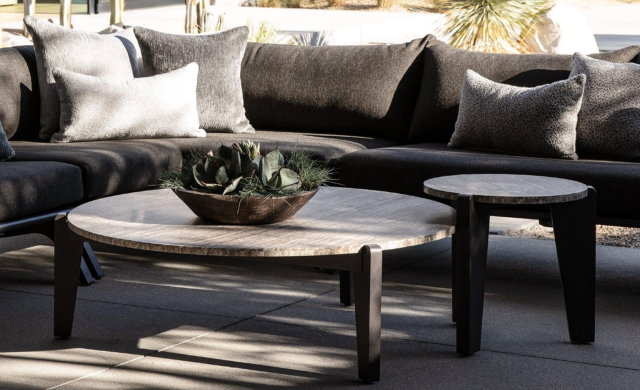 MLB Aluminum Round Side Table - (Aluminum Asteroid / Travertine Dark Grey) / Harbour Outdoor