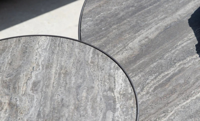 Moab Round Side Table - (Aluminum Asteroid / Travertine Dark Grey) / Harbour Outdoor