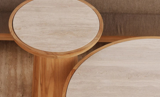 Nova Teak Round Side Table - (Teak Natural / Travertine Cream) / Harbour Outdoor